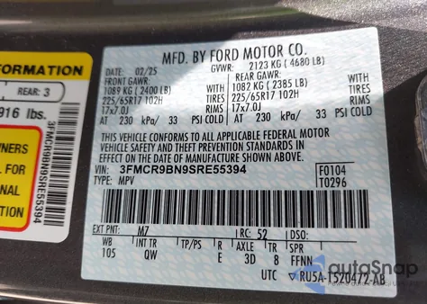 2025 Ford Bronco Sport Big Bend из США, поврежденный, VIN 3FMCR9BN9SRE55394